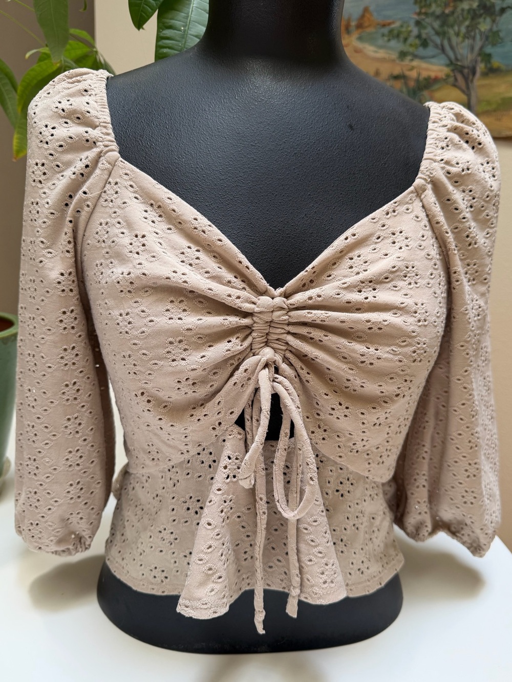 Romantic Eyelet Tie Front Peplum Top Size M
